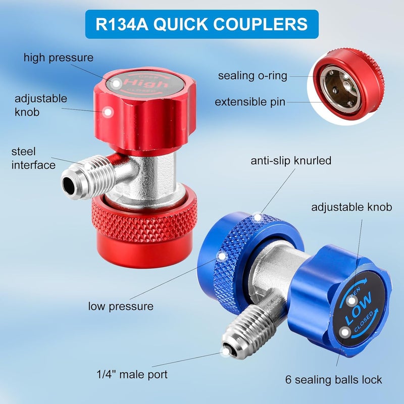 Tigbear R134A Adapter Quick Coupler, R134A Quick Coupler Adapter, Adjustable R134A Adapters and AC Hose Fittings with 1/4" Flares, for R134A Car AC System - Image 2